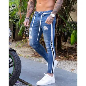 Elasticity Men's Ripped Jeans Slim Mid Waisted Jeans Pencil Pants