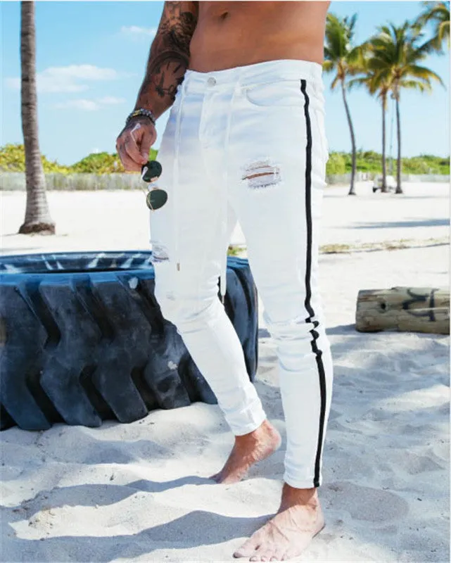 Elasticity Men's Ripped Jeans Slim Mid Waisted Jeans Pencil Pants