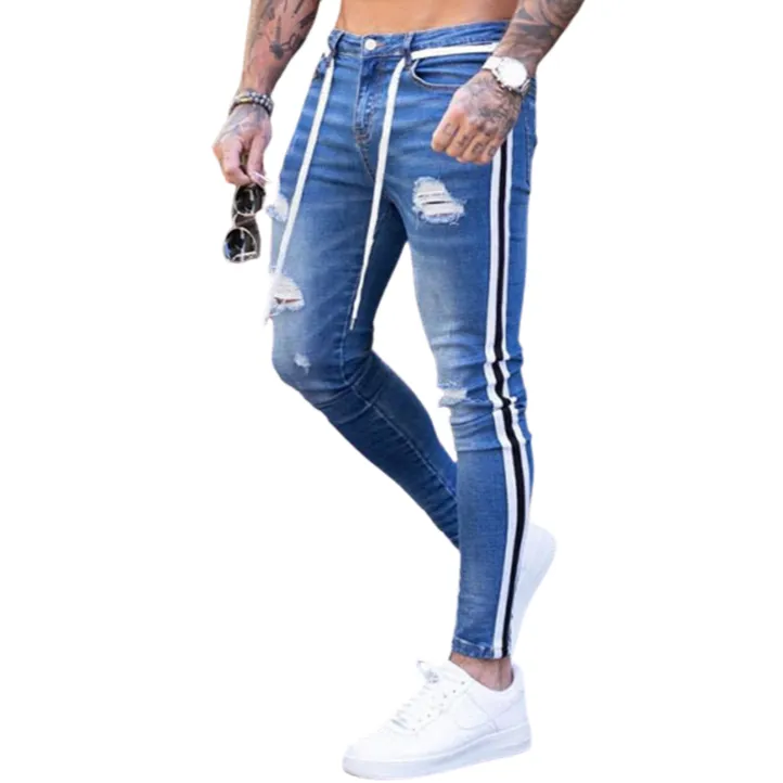 Elasticity Men's Ripped Jeans Slim Mid Waisted Jeans Pencil Pants