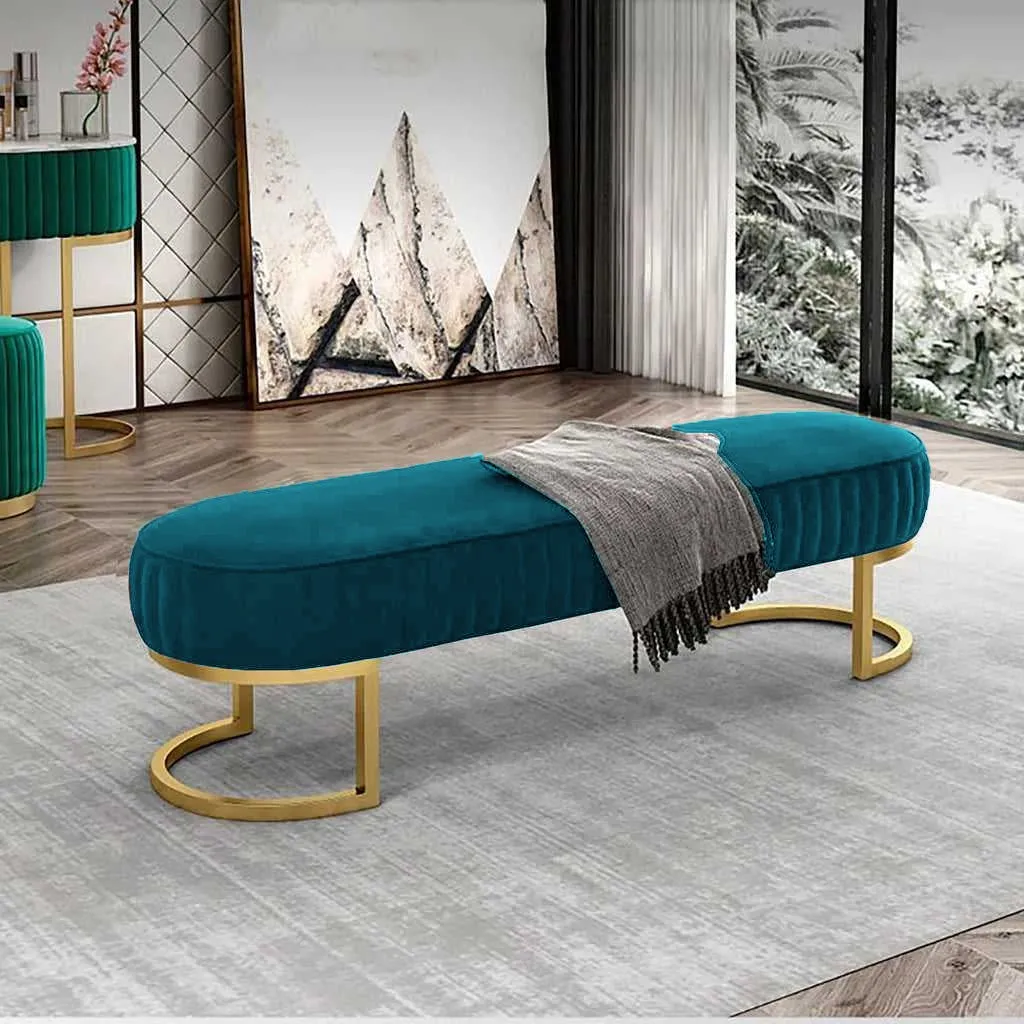 Elegant Royal Blue Velvet Bench with Gold Metal Base 3 Seater Luxury Ottoman