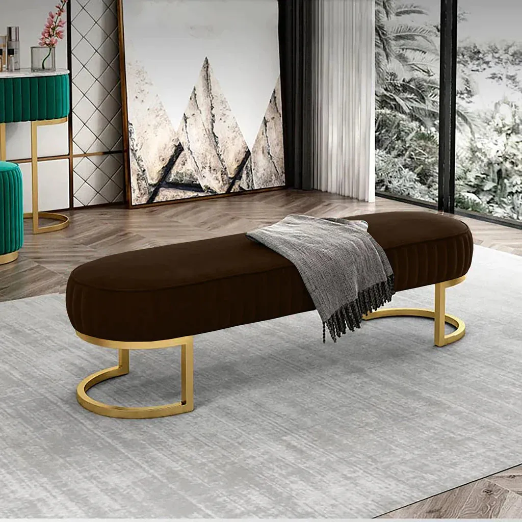 Elegant Royal Blue Velvet Bench with Gold Metal Base 3 Seater Luxury Ottoman