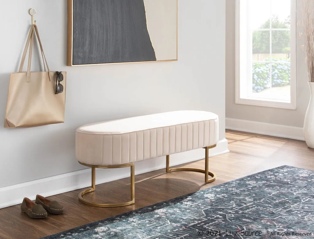 Elegant Royal Blue Velvet Bench with Gold Metal Base 3 Seater Luxury Ottoman