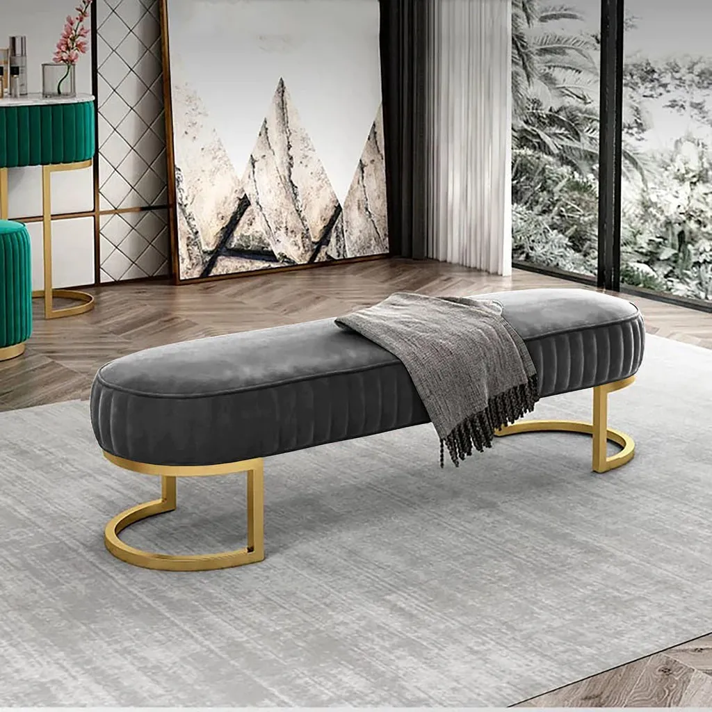 Elegant Royal Blue Velvet Bench with Gold Metal Base 3 Seater Luxury Ottoman