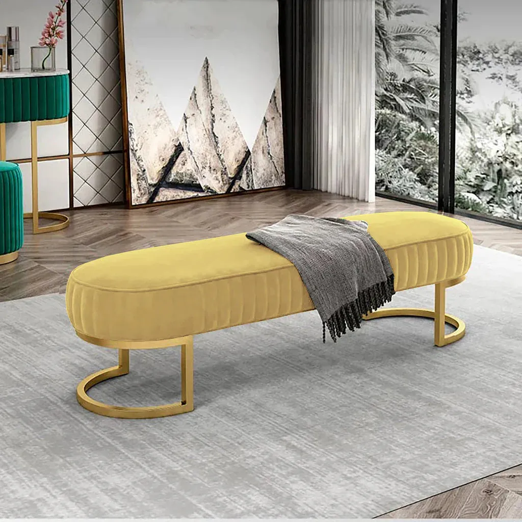 Elegant Royal Blue Velvet Bench with Gold Metal Base 3 Seater Luxury Ottoman