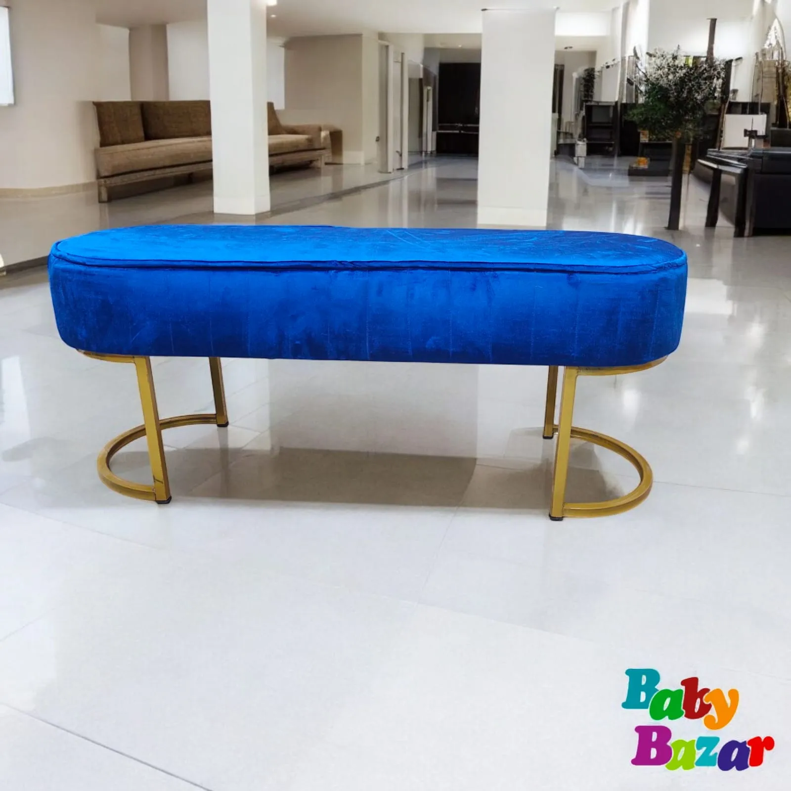Elegant Royal Blue Velvet Bench with Gold Metal Base 3 Seater Luxury Ottoman