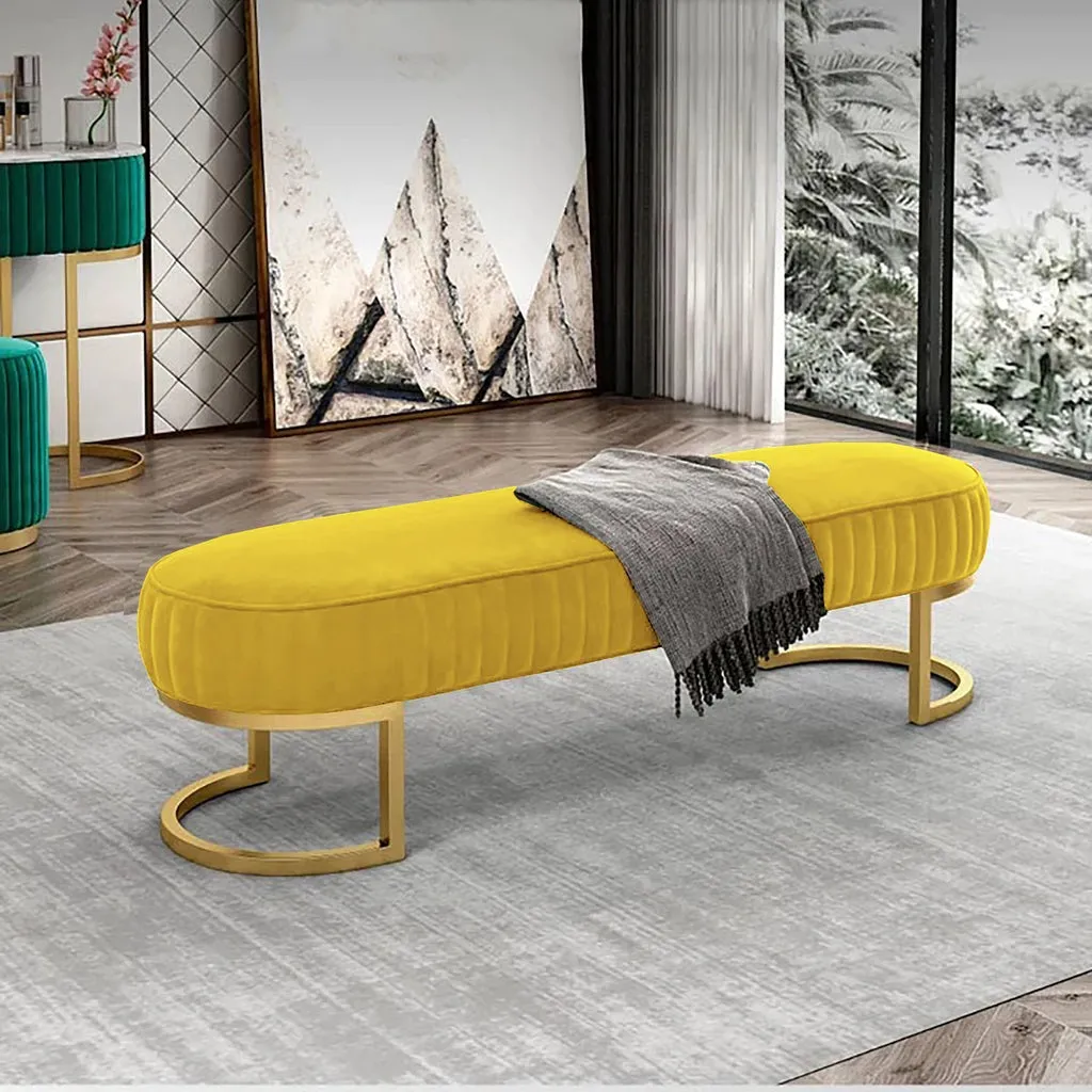 Elegant Royal Blue Velvet Bench with Gold Metal Base 3 Seater Luxury Ottoman