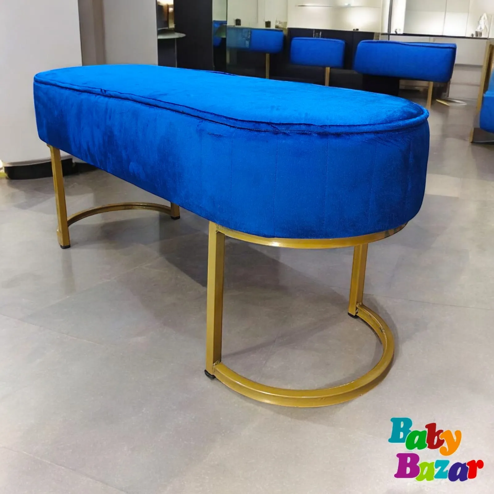 Elegant Royal Blue Velvet Bench with Gold Metal Base 3 Seater Luxury Ottoman
