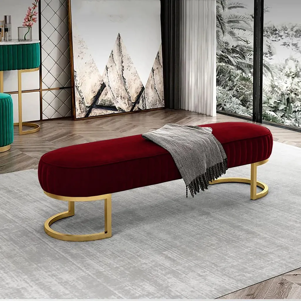 Elegant Royal Blue Velvet Bench with Gold Metal Base 3 Seater Luxury Ottoman