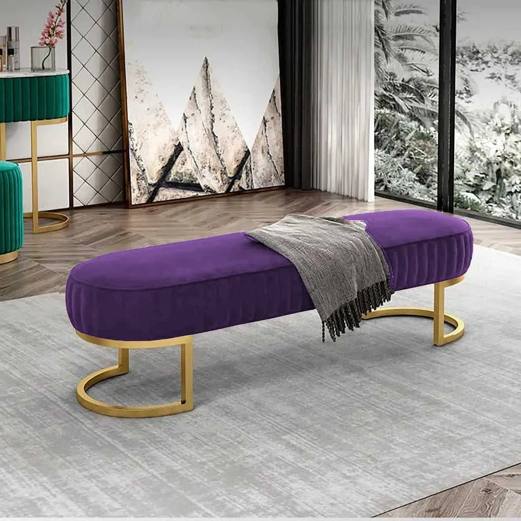 Elegant Royal Blue Velvet Bench with Gold Metal Base 3 Seater Luxury Ottoman