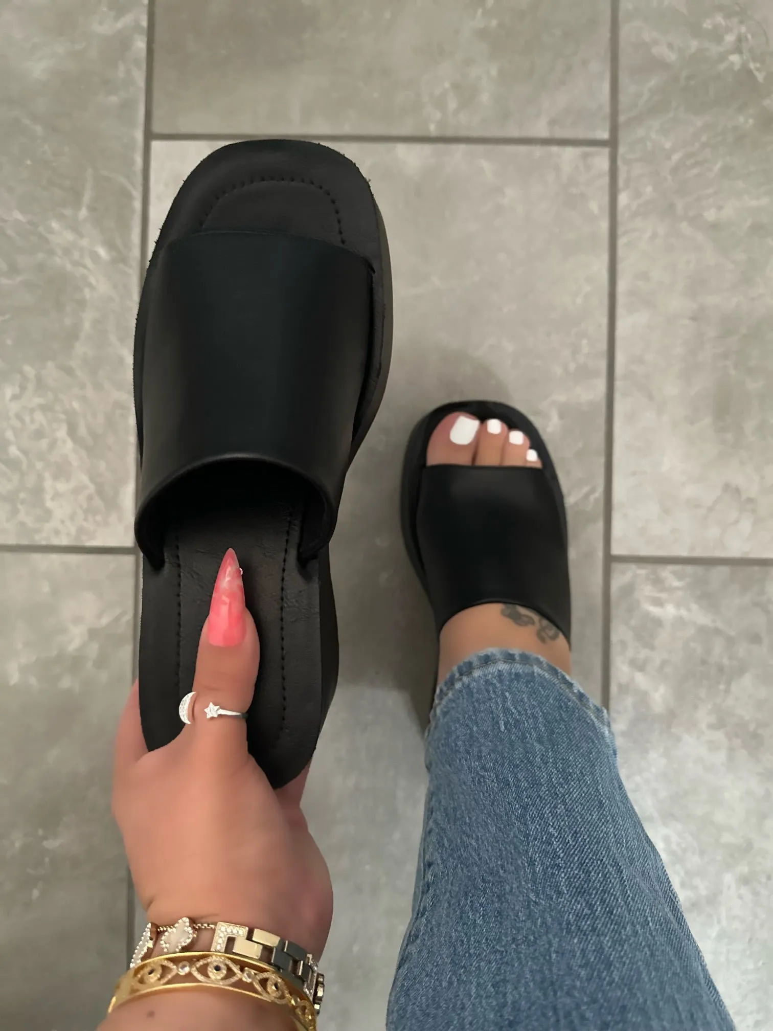 Ella Wedge Slide Sandals-Black