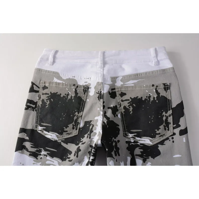 Fashion Camo Printed Jeans Mid Waist Straight Pants For Men