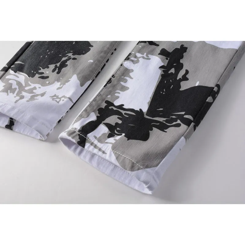 Fashion Camo Printed Jeans Mid Waist Straight Pants For Men