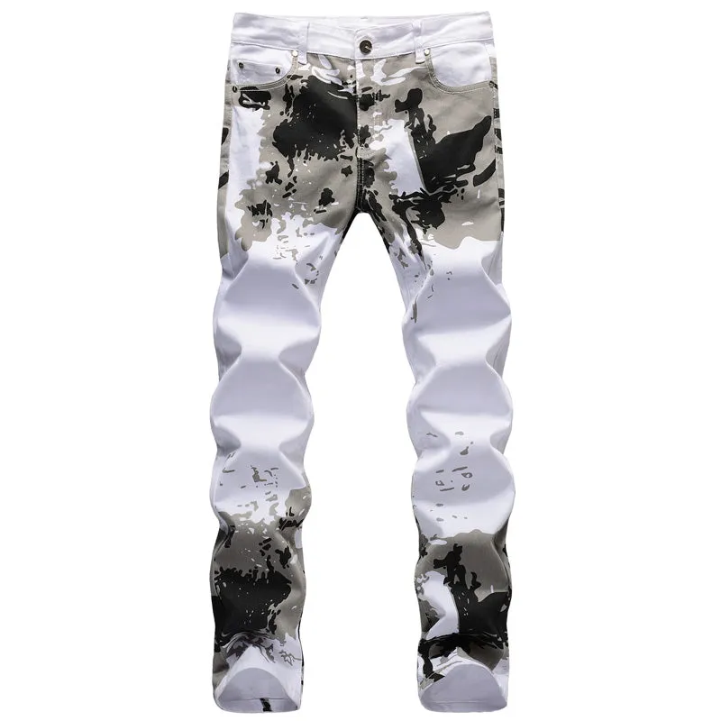 Fashion Camo Printed Jeans Mid Waist Straight Pants For Men