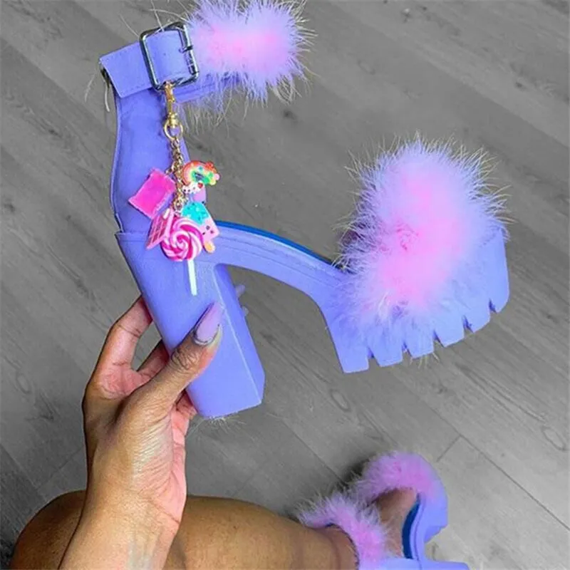 Fashion Fluffy Chunky Heel Pumps Sandals for Women