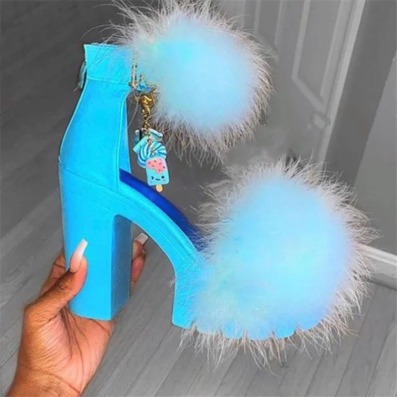 Fashion Fluffy Chunky Heel Pumps Sandals for Women
