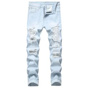 Fashion Inelasticity Mid Waist Men's Destroyed Jeans Straight Pants