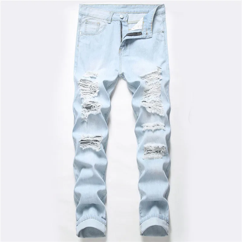 Fashion Inelasticity Mid Waist Men's Destroyed Jeans Straight Pants