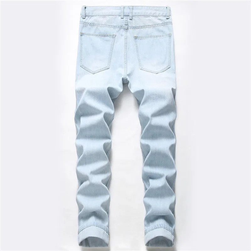Fashion Inelasticity Mid Waist Men's Destroyed Jeans Straight Pants