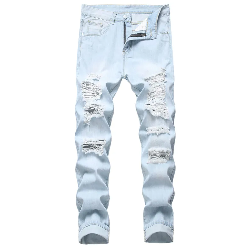 Fashion Inelasticity Mid Waist Men's Destroyed Jeans Straight Pants