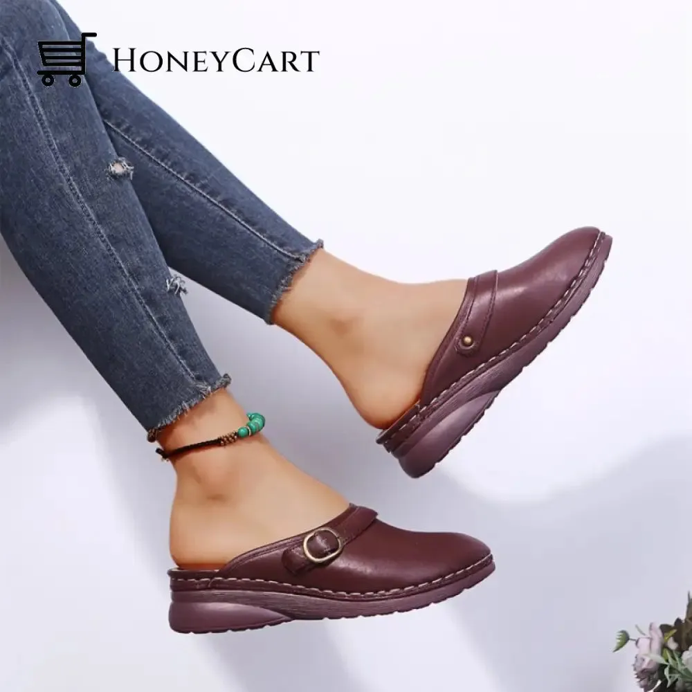Fashion Retro Backless Leather Loafers Wedges Sandals For Women