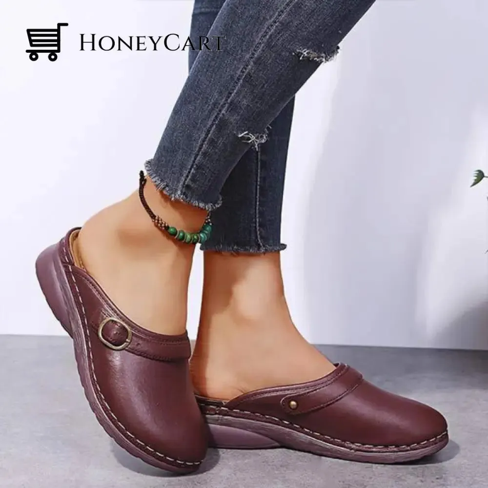 Fashion Retro Backless Leather Loafers Wedges Sandals For Women