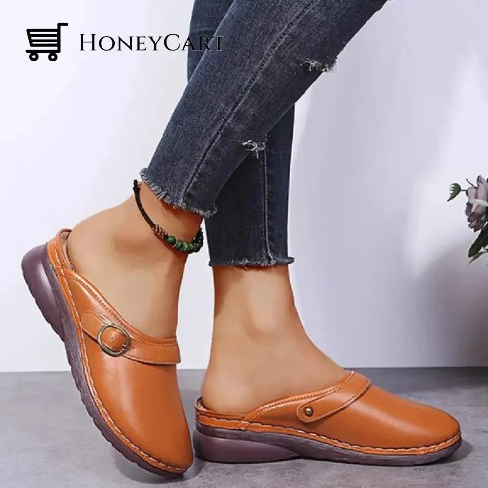 Fashion Retro Backless Leather Loafers Wedges Sandals For Women