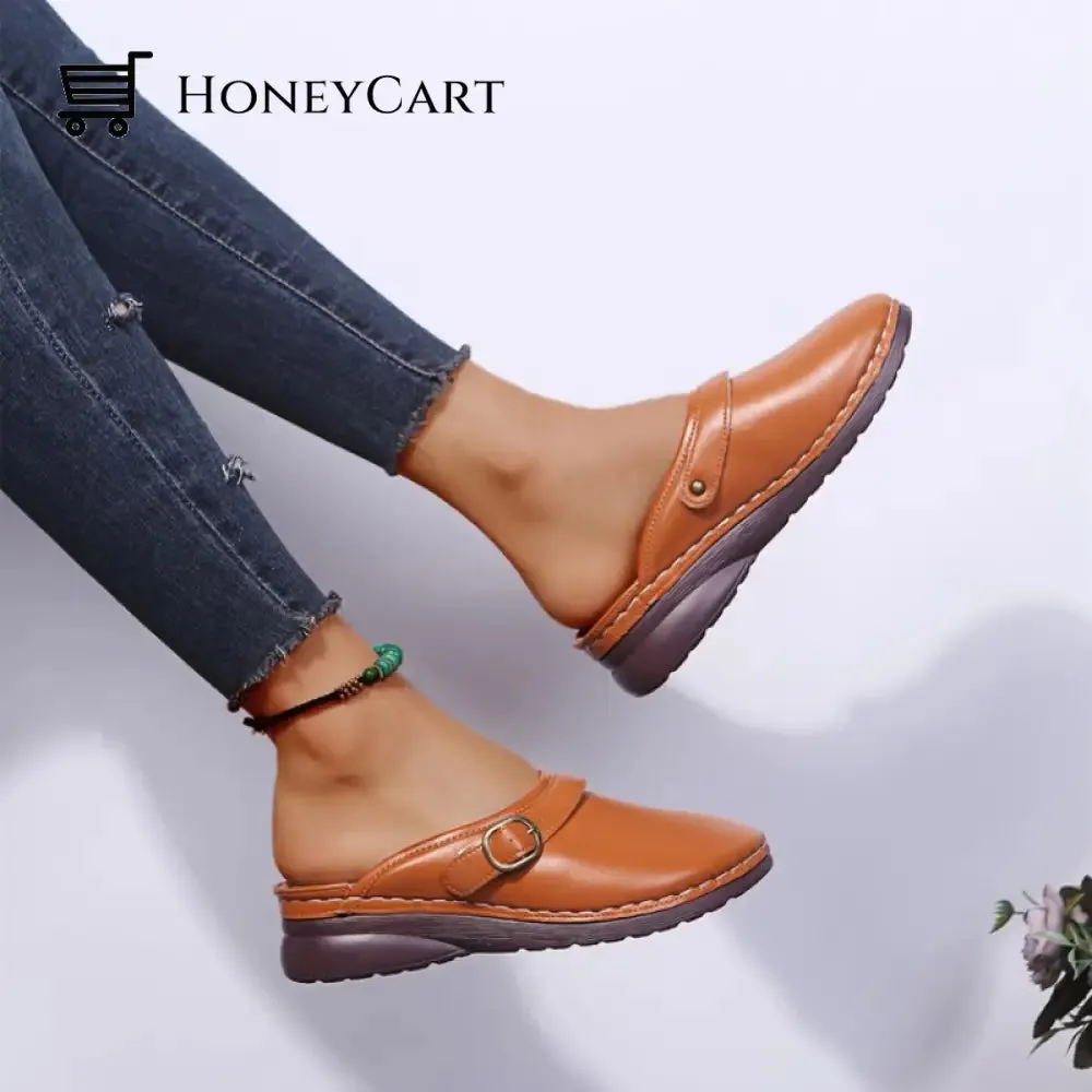 Fashion Retro Backless Leather Loafers Wedges Sandals For Women