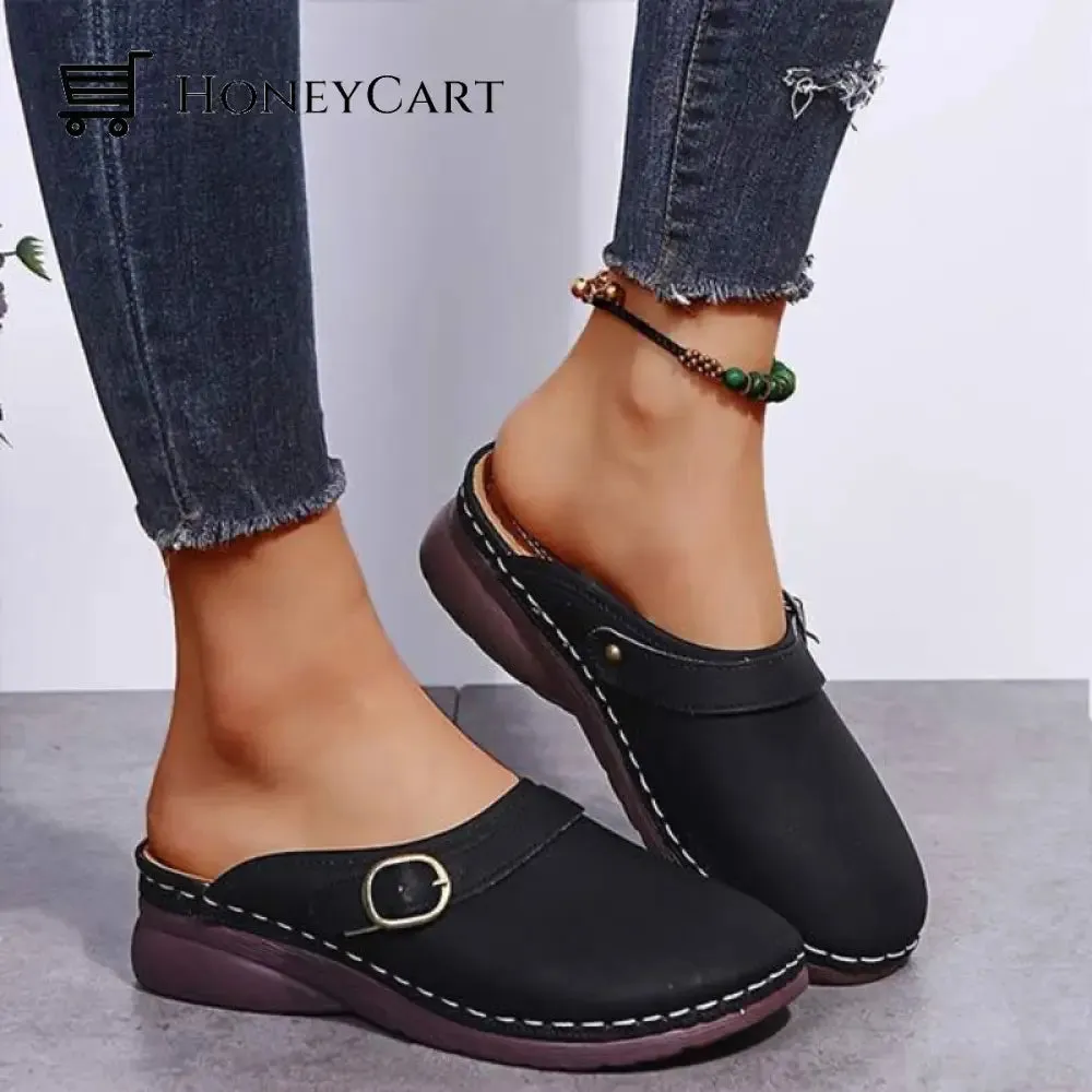 Fashion Retro Backless Leather Loafers Wedges Sandals For Women