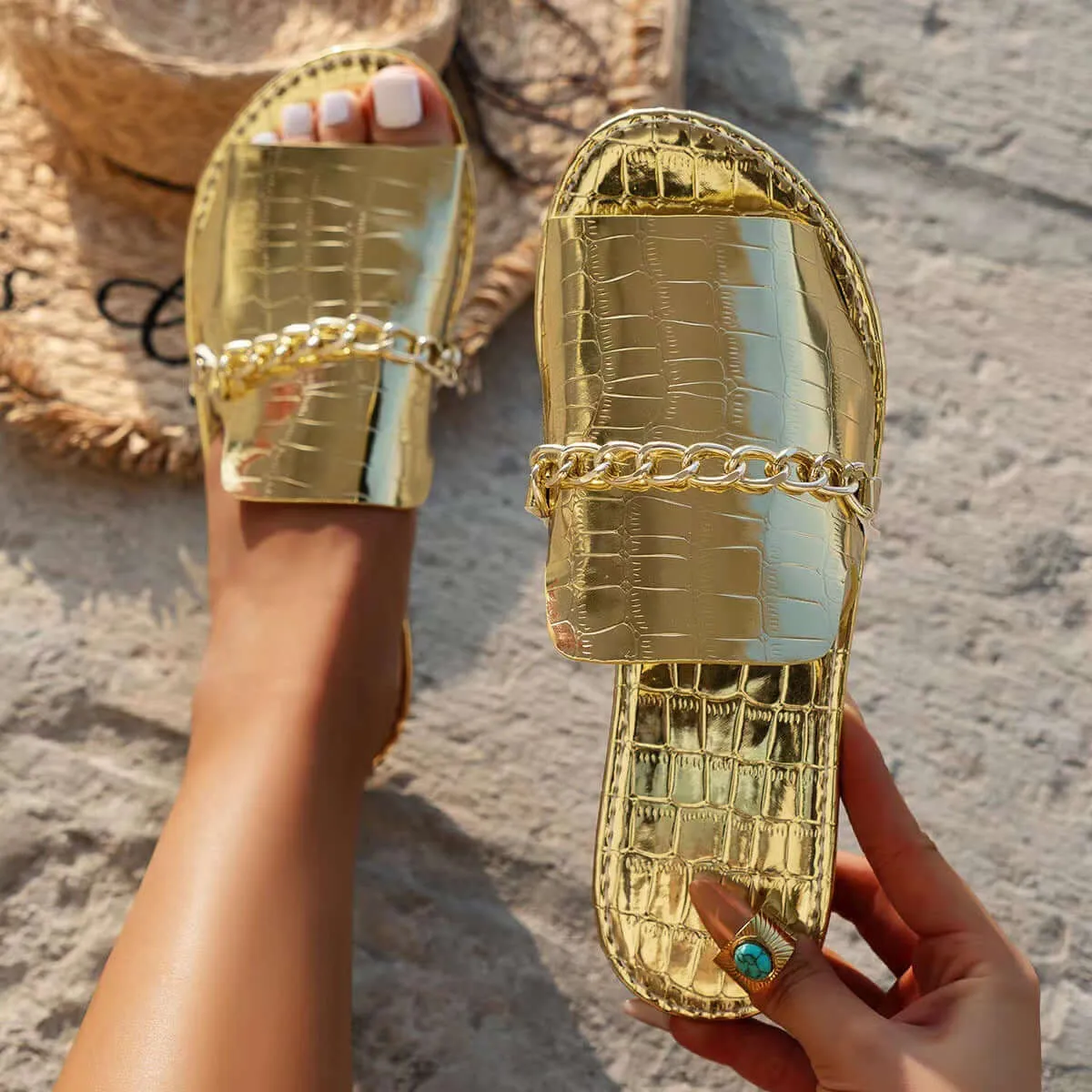Fish Mouth Flat Slides-Pattern Chains Summer Slipper