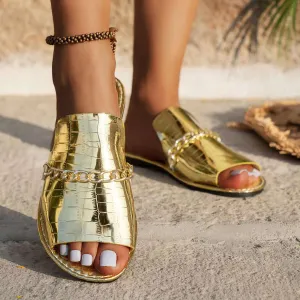 Fish Mouth Flat Slides-Pattern Chains Summer Slipper