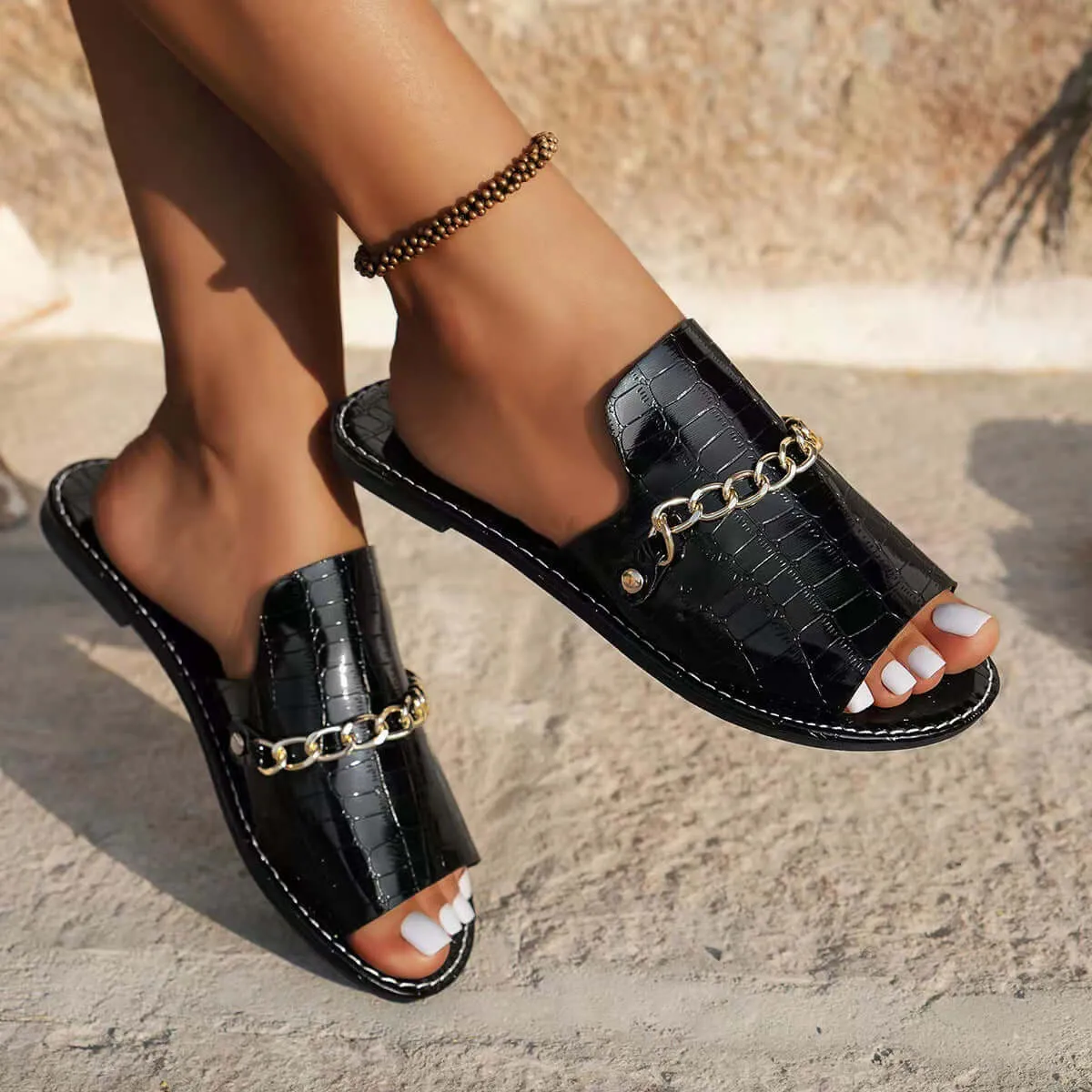 Fish Mouth Flat Slides-Pattern Chains Summer Slipper