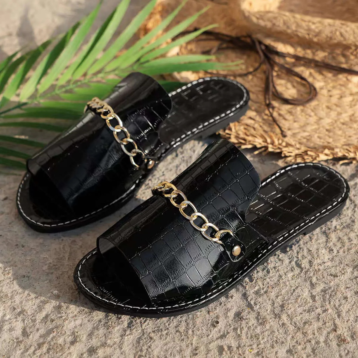 Fish Mouth Flat Slides-Pattern Chains Summer Slipper