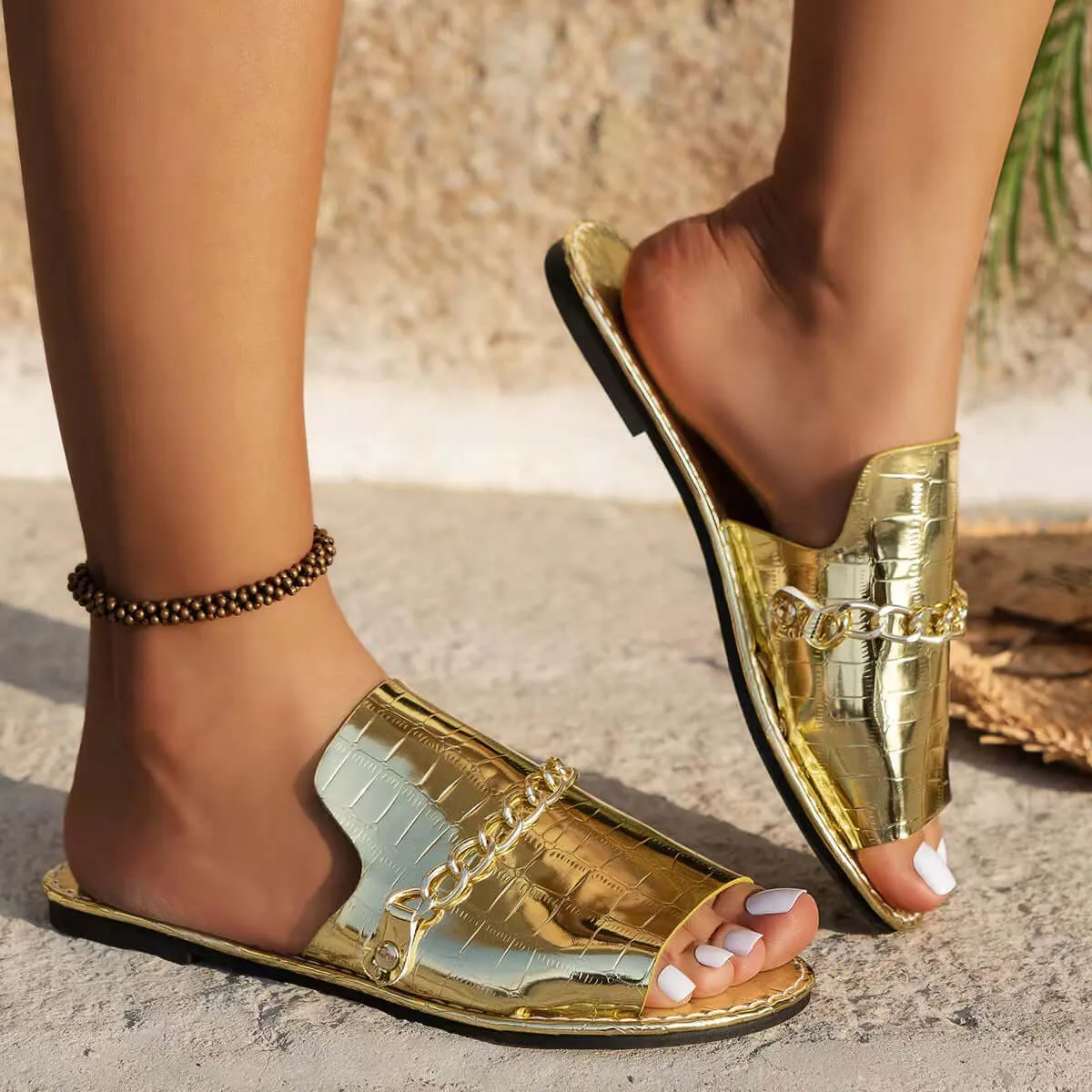 Fish Mouth Flat Slides-Pattern Chains Summer Slipper