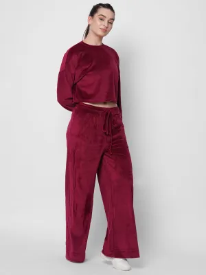 fitkin women maroon velvet relaxed fit loose pants co-ord tracksuit