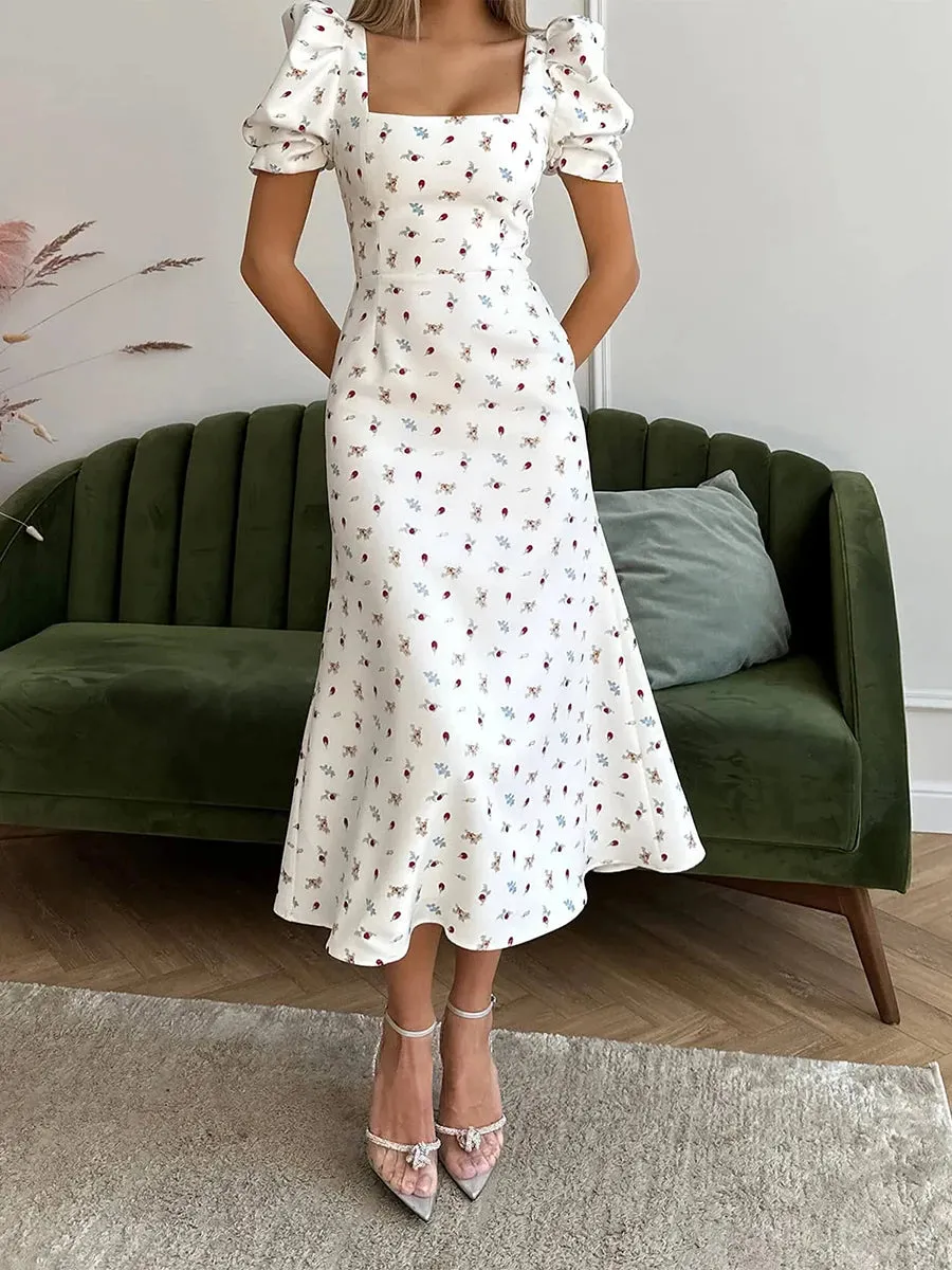 Floral Print A-Line Midi Dress with Puff Sleeves