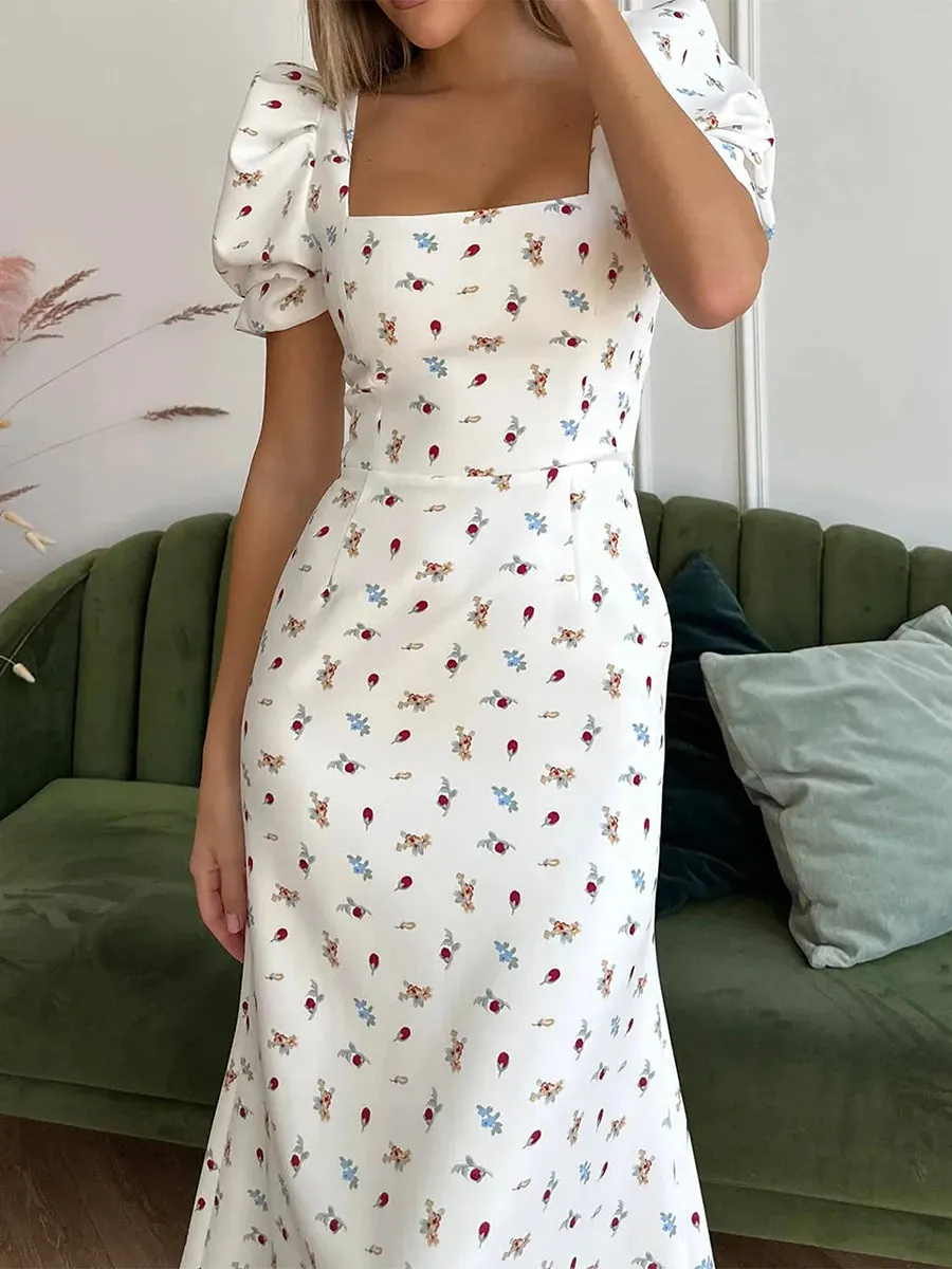 Floral Print A-Line Midi Dress with Puff Sleeves