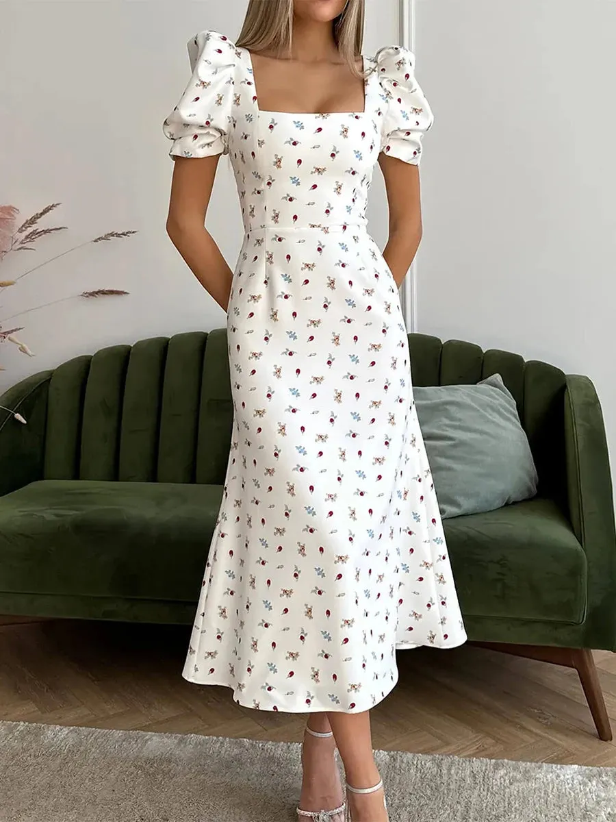 Floral Print A-Line Midi Dress with Puff Sleeves