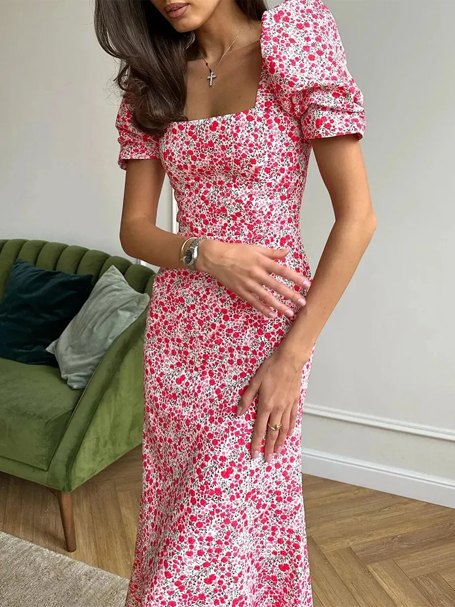 Floral Print A-Line Midi Dress with Puff Sleeves