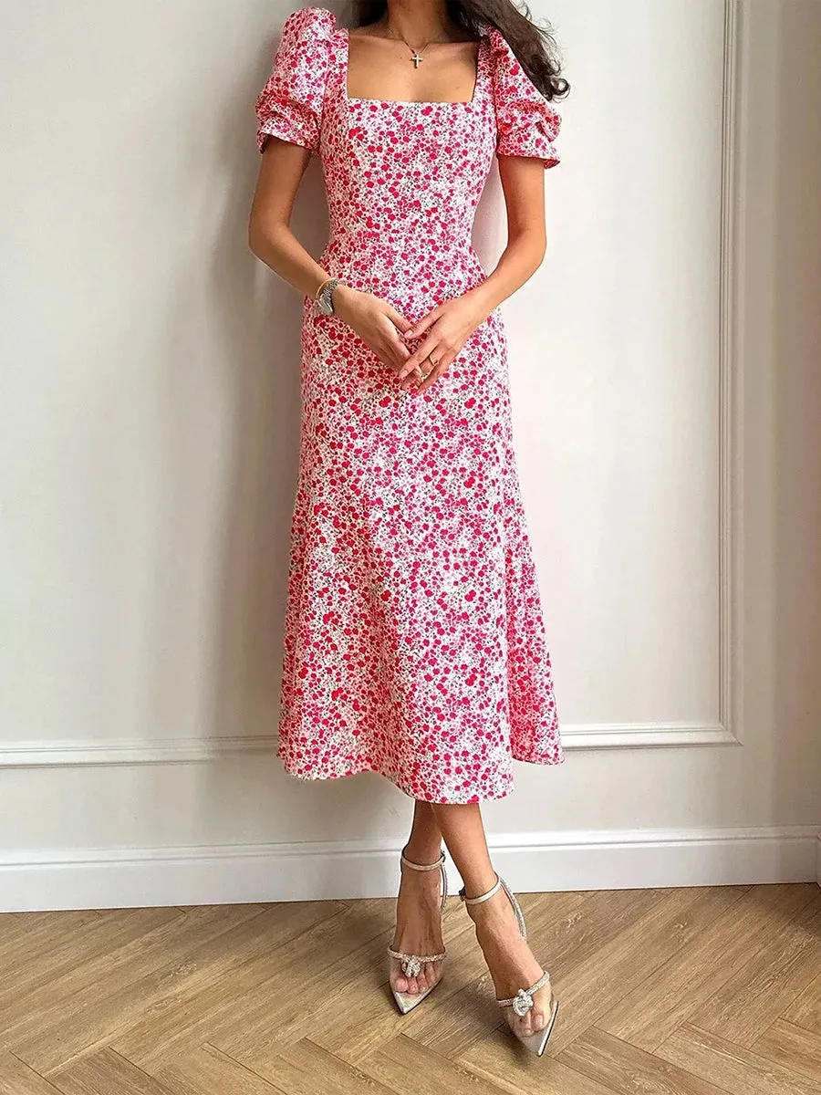 Floral Print A-Line Midi Dress with Puff Sleeves