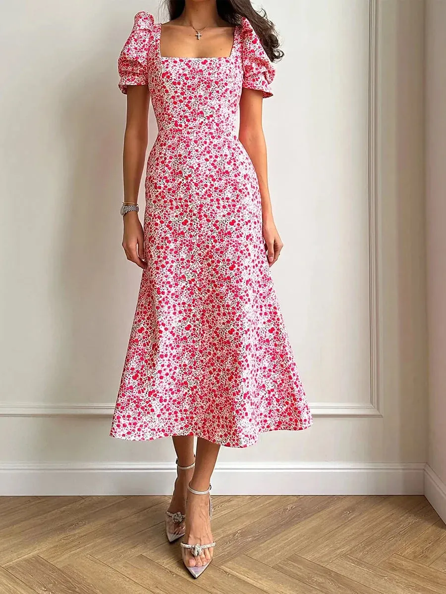 Floral Print A-Line Midi Dress with Puff Sleeves
