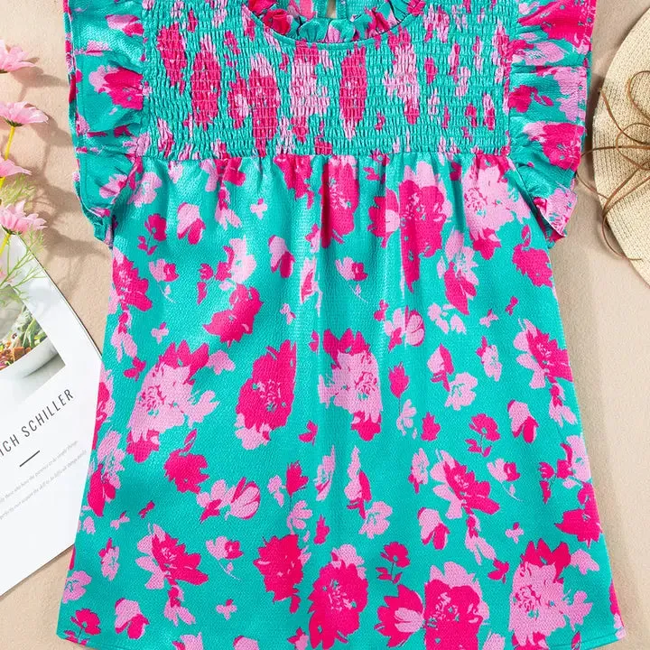 Floral Ruffled Flutter Sleeve Ruched Blouse