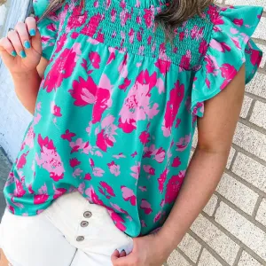 Floral Ruffled Flutter Sleeve Ruched Blouse