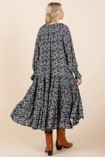 Flowing Flowers Tie Neck Flounce Sleeve Dark Navy Midi Dress - D55596NV