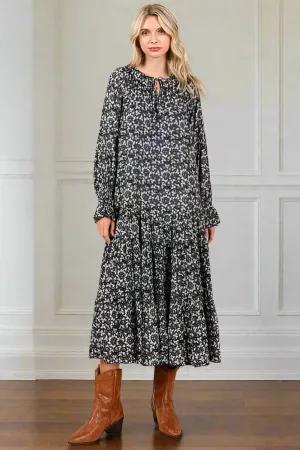 Flowing Flowers Tie Neck Flounce Sleeve Dark Navy Midi Dress - D55596NV