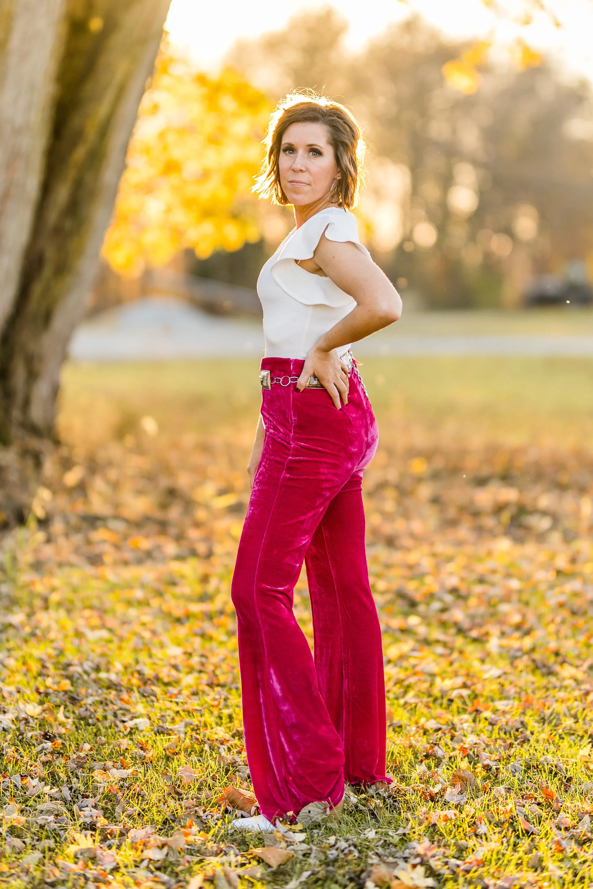 Fuchsia High Waist Flare Velvet Pants