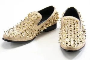Gold Glittered Spiked Loafers