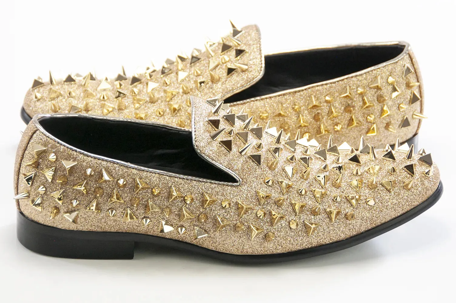 Gold Glittered Spiked Loafers