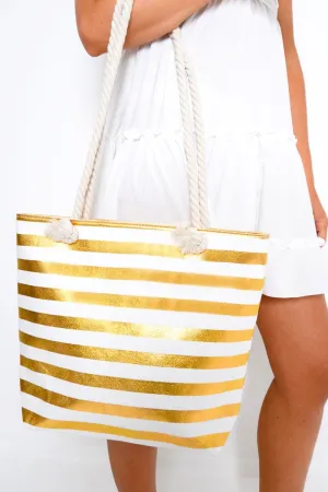 Gold White Stripe Beach Bag - Loriana
