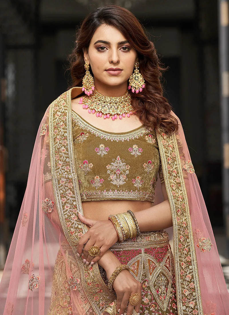 Green and Pink Multi Embroidered Wedding Lehenga Choli