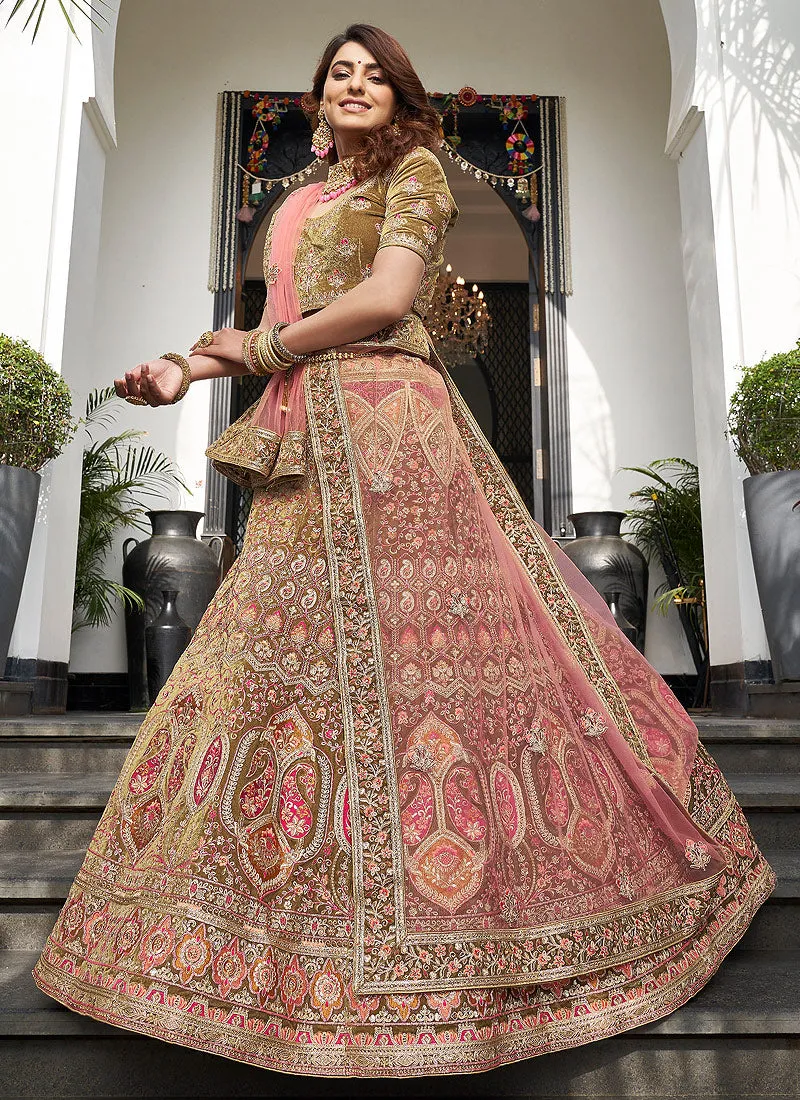 Green and Pink Multi Embroidered Wedding Lehenga Choli